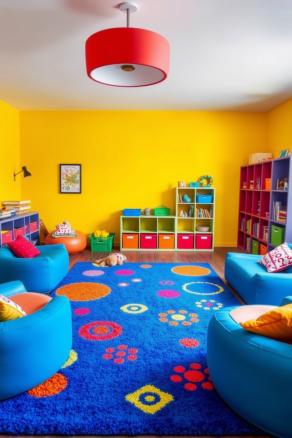 A bright blue rug with playful patterns anchors the room, adding a splash of color and whimsy. Surrounding the rug, soft seating in vibrant hues creates a cozy and inviting play area for children. The walls are painted in a cheerful yellow, enhancing the playful atmosphere of the space. Colorful storage bins and shelves filled with toys and books provide both organization and fun decor elements.