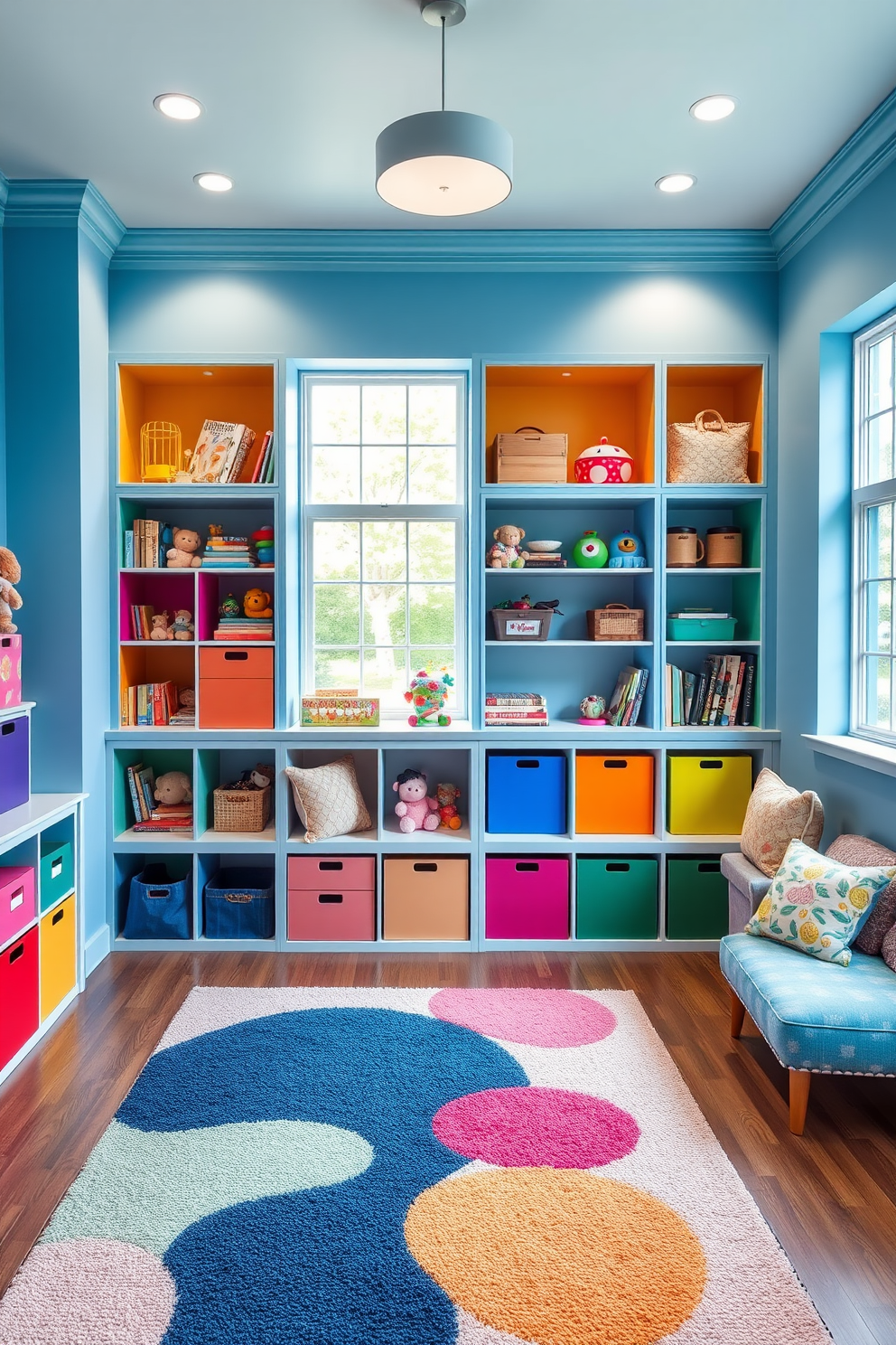 A vibrant playroom designed for creativity and fun. The walls are painted in soft blue shades, creating a calming atmosphere while colorful storage solutions are integrated throughout the space. There are built-in shelves filled with toys and books, complemented by plush seating options. A playful rug adds texture to the floor, and large windows allow natural light to flood the room, enhancing the cheerful ambiance.