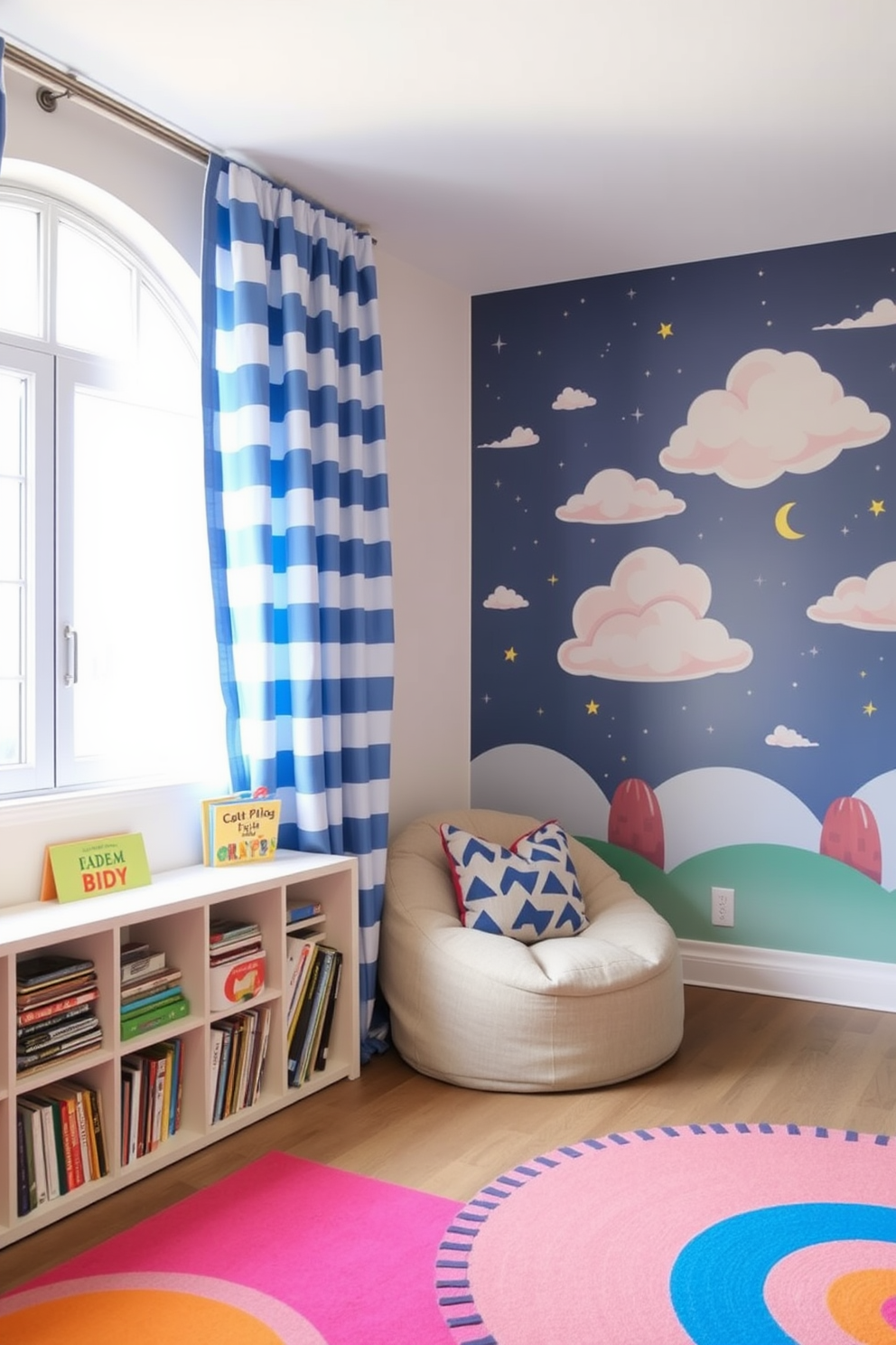 A playful blue and white striped curtain frames the window, allowing soft light to filter into the room. The playroom features a cozy reading nook with a plush bean bag chair and a low bookshelf filled with colorful children's books. Brightly colored rugs define different areas, creating spaces for creativity and play. A large mural of whimsical clouds and stars adorns one wall, inspiring imagination and adventure in the young inhabitants.