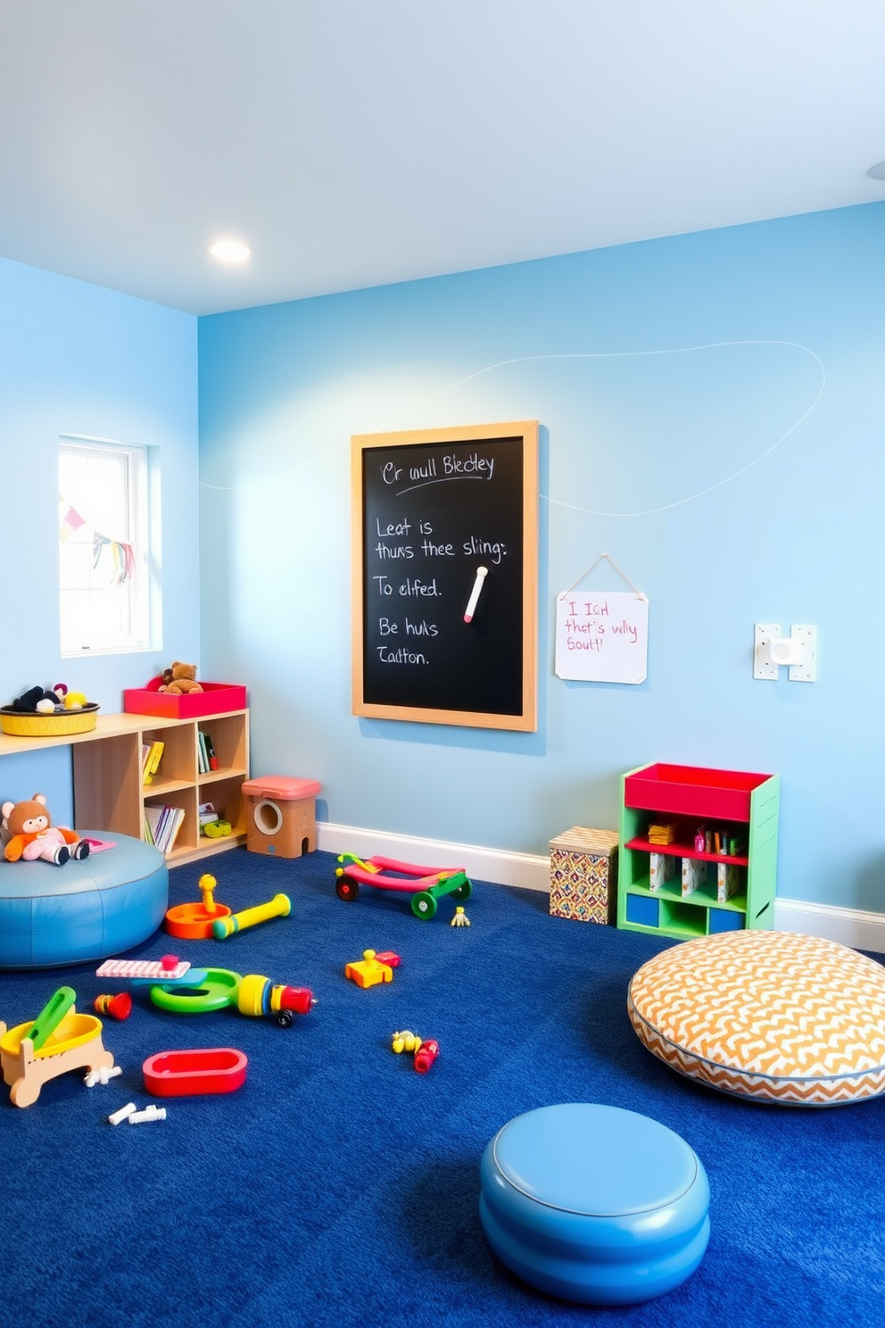 A playful playroom featuring an interactive chalkboard wall painted in light blue. The room is filled with colorful toys and soft seating options, creating a fun and inviting atmosphere for children.