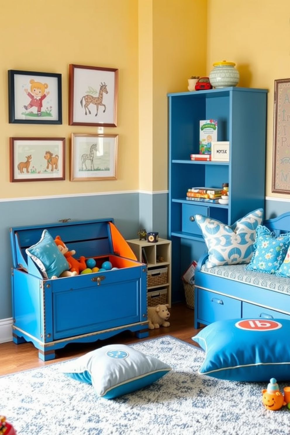 A vintage blue toy chest sits prominently in the corner of a cheerful playroom. The walls are adorned with playful artwork, and a soft rug in complementary colors covers the floor. Bright blue accents are scattered throughout the room, including cushions and decorative toys. A cozy reading nook with a small bookshelf encourages creativity and imagination.