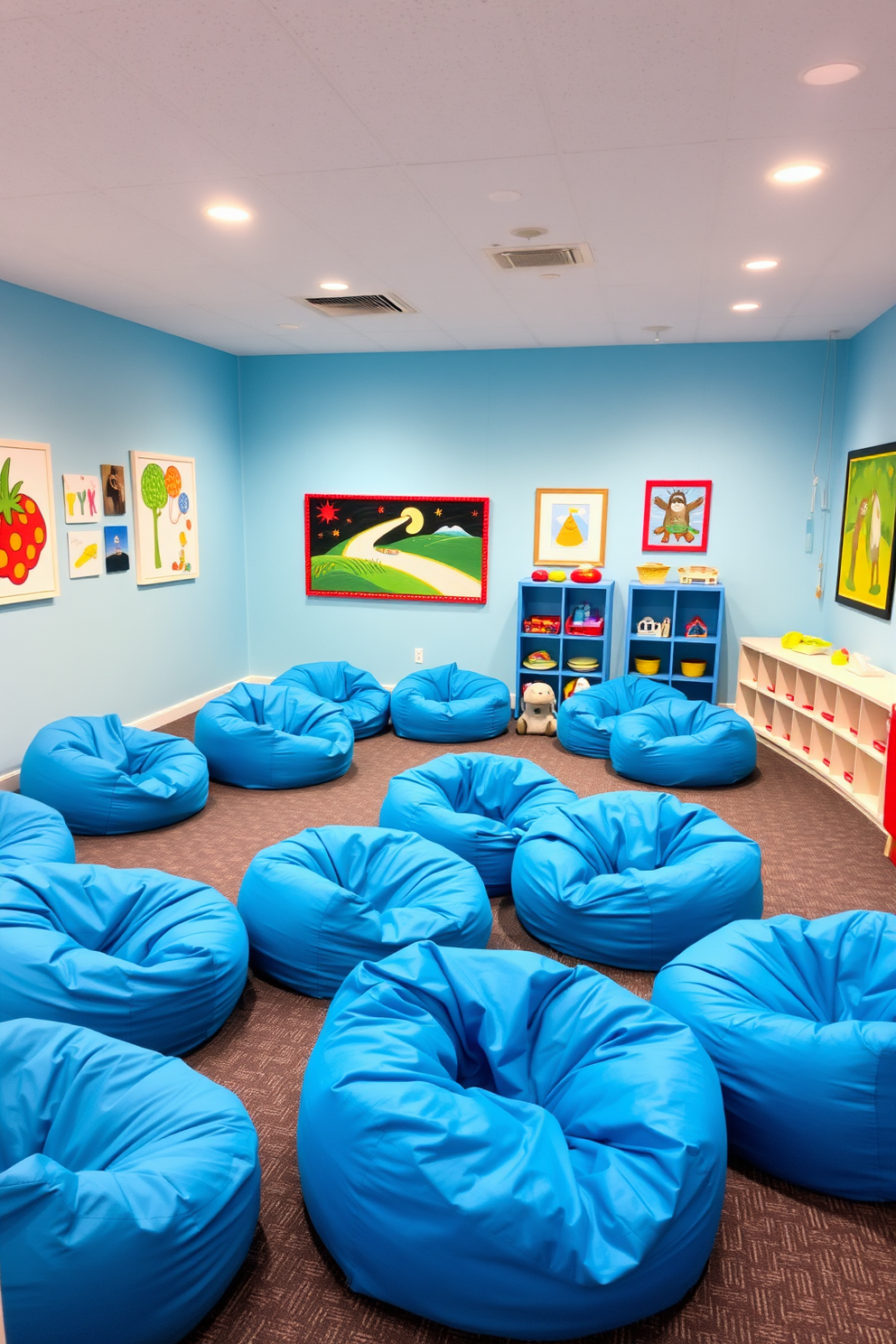 A vibrant playroom filled with blue bean bags arranged for comfortable seating. The walls are painted in a cheerful light blue, and colorful artwork adorns the space, creating an inviting atmosphere for children to play and relax.