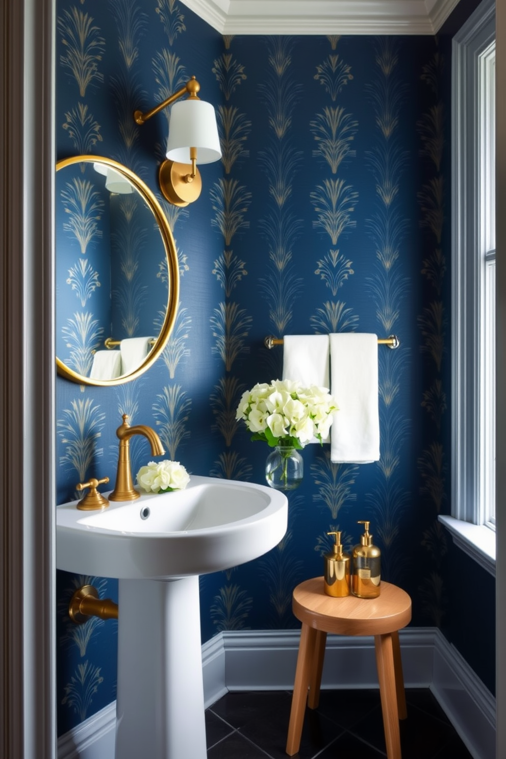 Elegant navy blue wallpaper with gold accents creates a luxurious atmosphere in the powder room. The space features a sleek white pedestal sink complemented by a gold faucet, while a round mirror with a gold frame reflects the rich colors of the walls. A small wooden stool in a light wood finish adds warmth and functionality to the room. Decorative elements include a stylish gold soap dispenser and a fresh bouquet of white flowers placed on the sink.