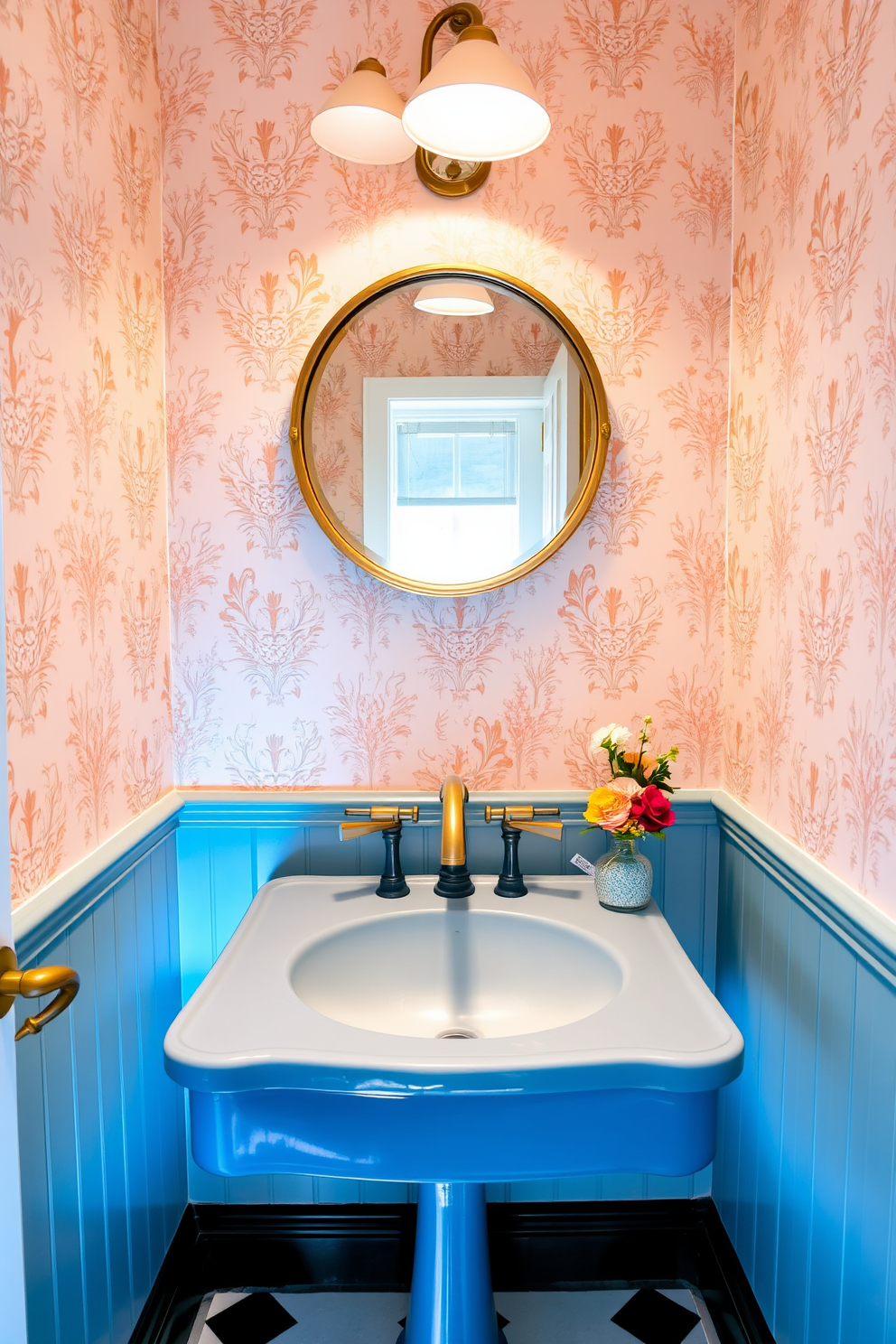 A vintage blue sink with a retro style serves as the focal point of the powder room. The walls are adorned with patterned wallpaper in soft pastels, complementing the elegance of the sink. A round mirror with a brass frame hangs above the sink, reflecting the charming decor. The floor features classic black and white tiles, adding a timeless touch to the space.