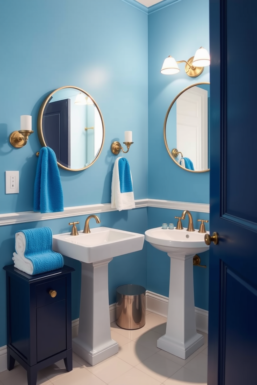 Bright azure towels add a vibrant touch to an elegant blue powder room. The walls are painted in a soft sky blue, complemented by a sleek white pedestal sink and a stylish round mirror. A chic navy cabinet provides ample storage while enhancing the room's sophistication. The floor features classic white tiles, creating a crisp contrast with the bold colors of the decor.