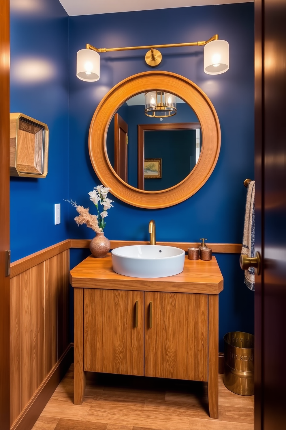 A rich cobalt blue powder room featuring warm wood tones creates a striking contrast. The walls are painted in a deep cobalt blue, while the vanity is crafted from warm, natural wood with a sleek finish. Above the vanity, a large round mirror with a wooden frame reflects the vibrant color. Decorative accents include gold fixtures and a stylish light fixture that enhances the luxurious feel of the space.