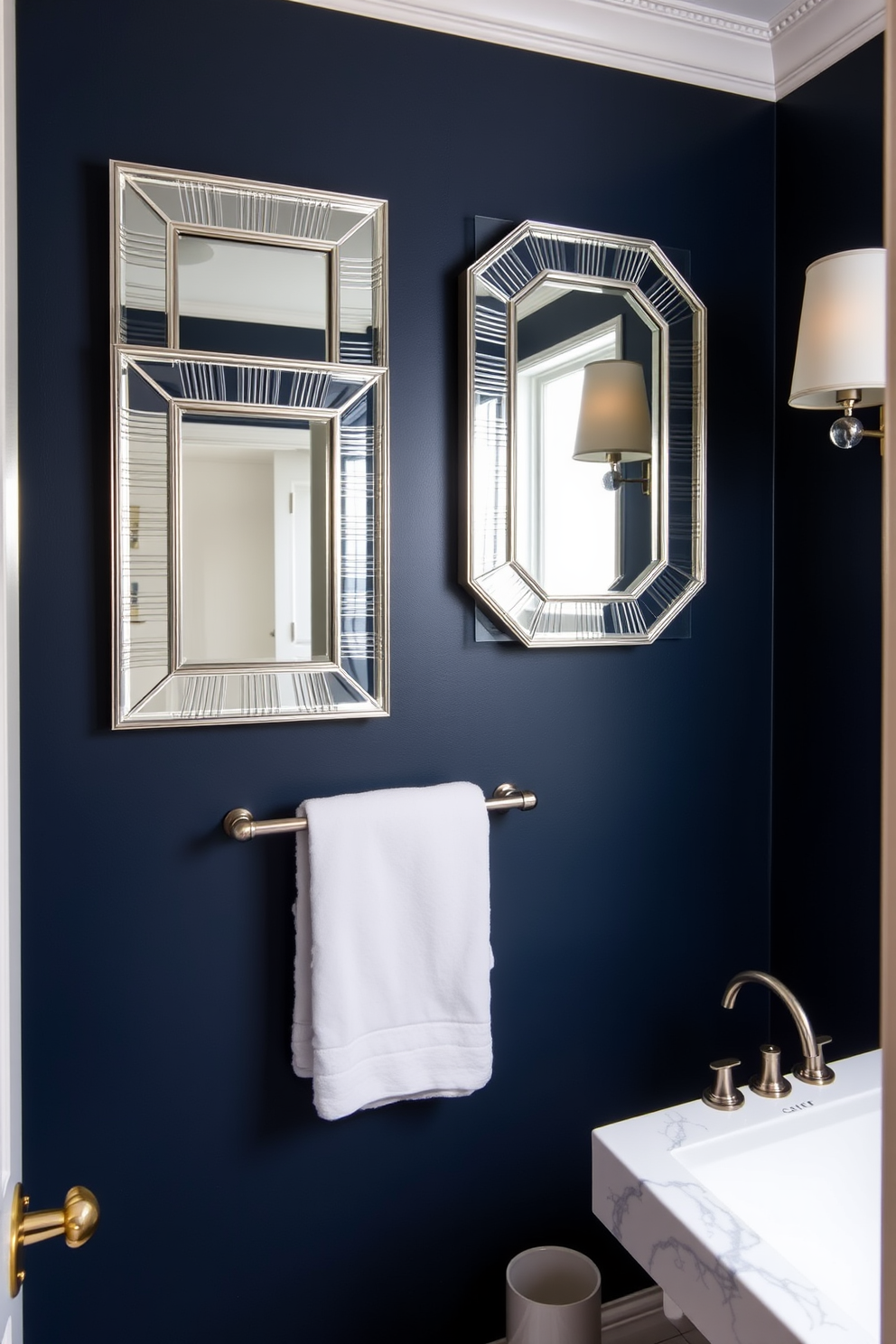 A chic powder room featuring a dark blue accent wall adorned with stylish mirrors that reflect light beautifully. The space is complemented by elegant fixtures and a luxurious sink, creating a sophisticated atmosphere.