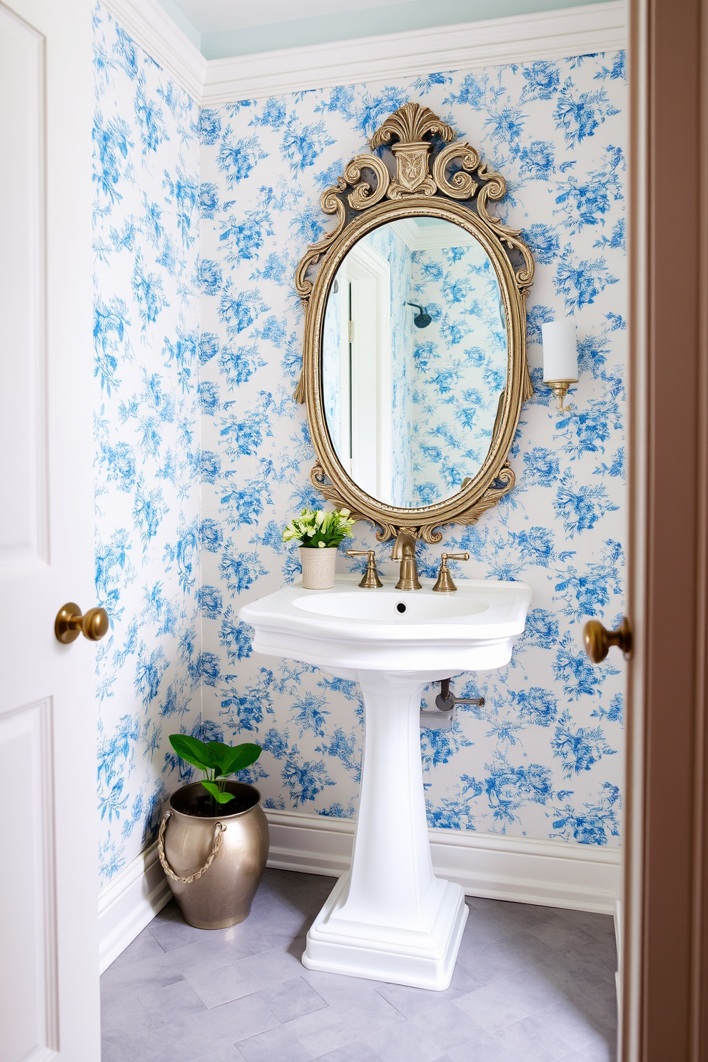 A charming powder room adorned with blue floral prints that evoke a feminine touch. The walls are covered in delicate floral wallpaper, and a white pedestal sink complements the design. A vintage-style mirror with an ornate frame hangs above the sink, reflecting the elegant decor. The floor is tiled in soft gray, creating a serene atmosphere while a small potted plant adds a refreshing accent.