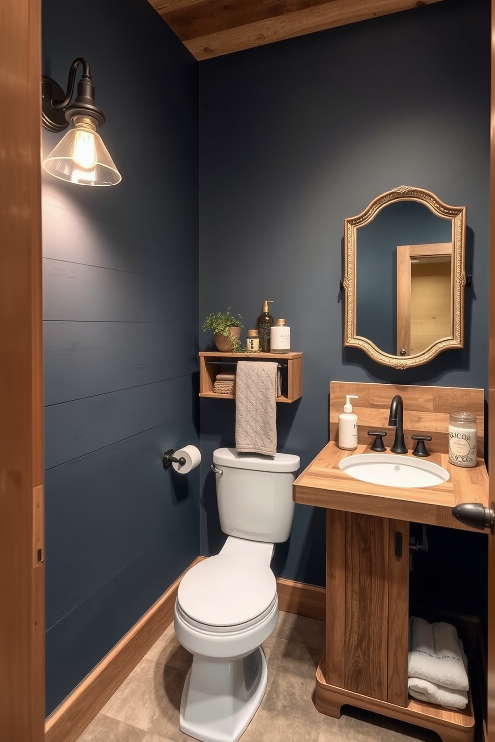 A rustic powder room featuring muted denim blue walls that evoke a cozy and inviting atmosphere. The space is accented with natural wood elements, including a reclaimed wood vanity and open shelving for decorative storage. Soft lighting fixtures provide a warm glow, highlighting the textured surfaces and creating a soothing ambiance. A vintage-style mirror hangs above the sink, adding character and charm to the overall design.