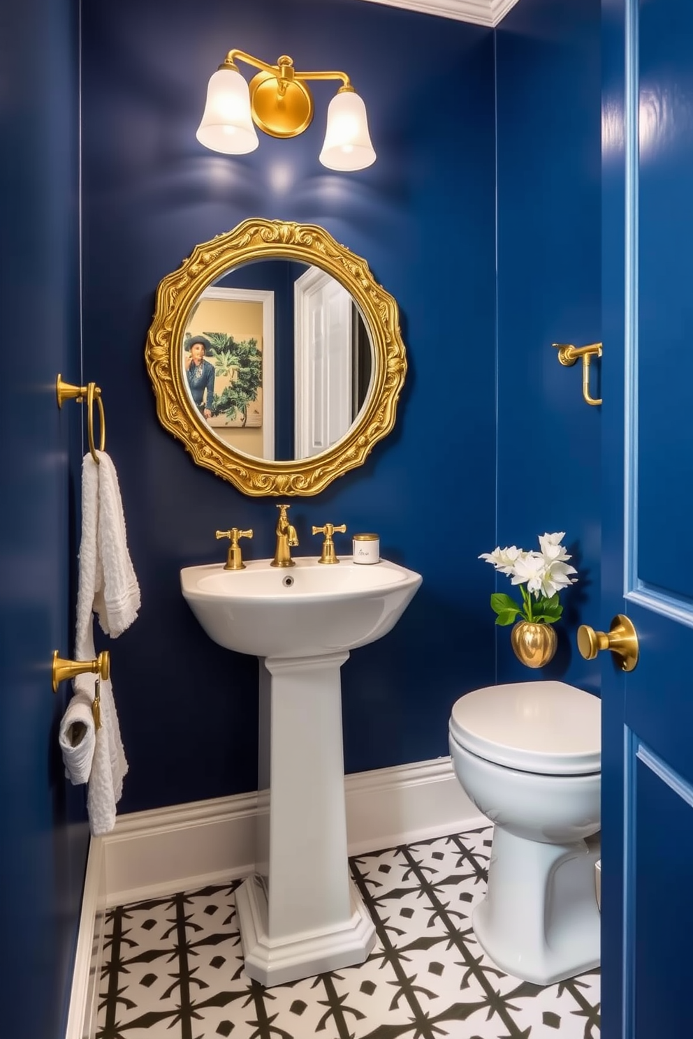 A bold indigo powder room featuring striking wall paint that creates a dramatic focal point. The space includes a sleek white pedestal sink and a stylish round mirror with an ornate gold frame. Complementing the indigo walls, elegant brass fixtures add a touch of luxury. The floor is adorned with a chic geometric patterned tile that enhances the modern aesthetic.