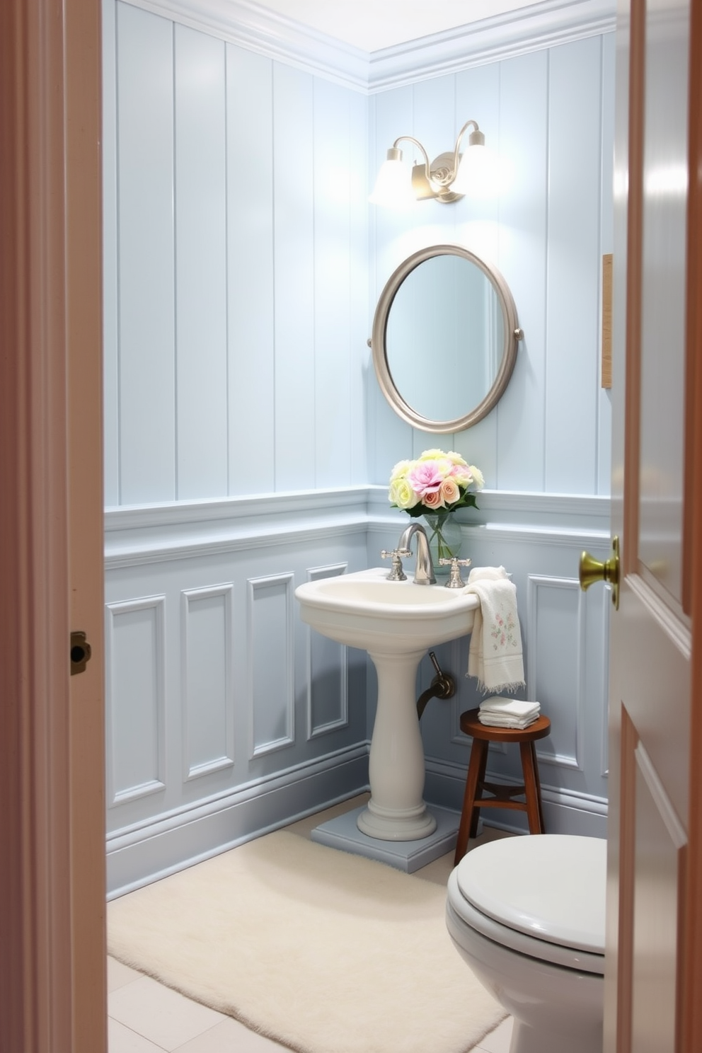 Light blue wainscoting lines the walls of a classic powder room, creating an elegant and serene atmosphere. The room features a vintage pedestal sink with a polished chrome faucet and a round mirror framed in brushed nickel. Soft white accents, including a plush rug and decorative hand towels, complement the wainscoting. A small wooden stool in the corner provides a charming touch, while a delicate floral arrangement adds a pop of color to the space.