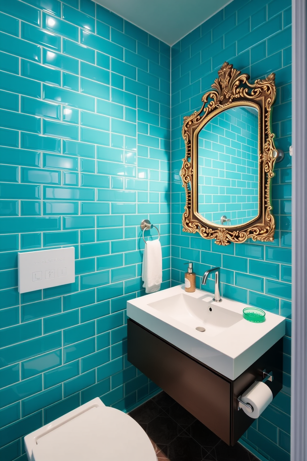 A vibrant powder room features bold turquoise tiles that create a striking backdrop. The space is accented with sleek white fixtures and a modern floating vanity for a contemporary touch. A statement mirror with an ornate frame hangs above the vanity, reflecting the lively colors of the tiles. Soft lighting enhances the ambiance, making the room feel inviting and stylish.