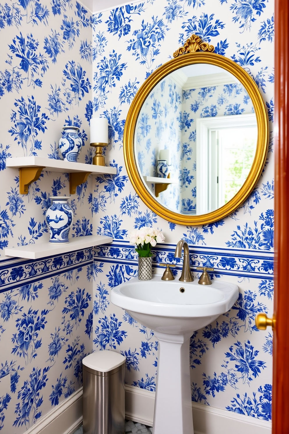 A classic blue and white porcelain decor graces the walls of a chic powder room. The space features a delicate floral wallpaper with blue accents, complemented by a vintage porcelain sink on a white pedestal. A large round mirror with a gold frame hangs above the sink, reflecting the intricate details of the decor. Elegant blue and white porcelain vases are strategically placed on floating shelves, adding a touch of sophistication to the room.