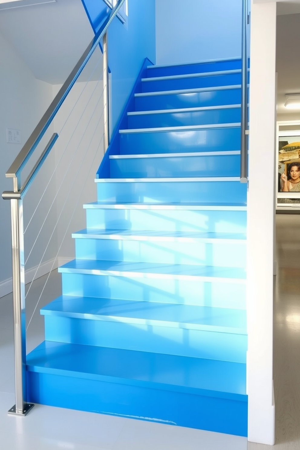 A stunning blue staircase features risers painted in a vibrant blue hue that contrasts beautifully with crisp white treads. The design is complemented by sleek metal handrails that enhance the modern aesthetic of the space.