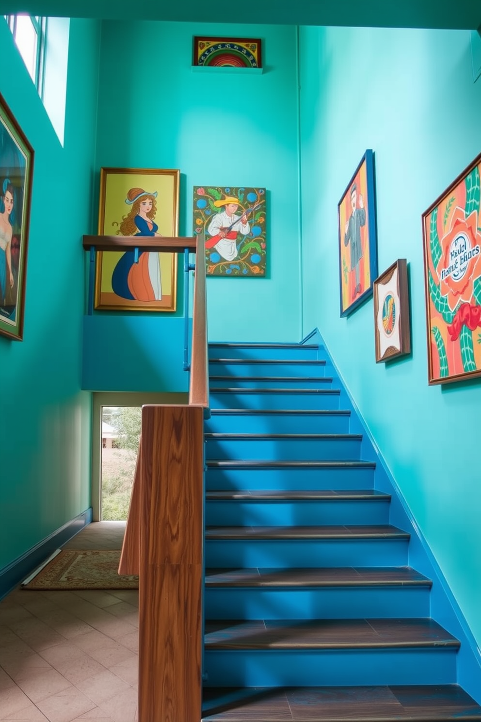 Aqua blue painted staircase with a sleek wooden railing leading to the upper floor. The walls are adorned with vibrant artwork that complements the staircase color, creating a lively and inviting atmosphere.