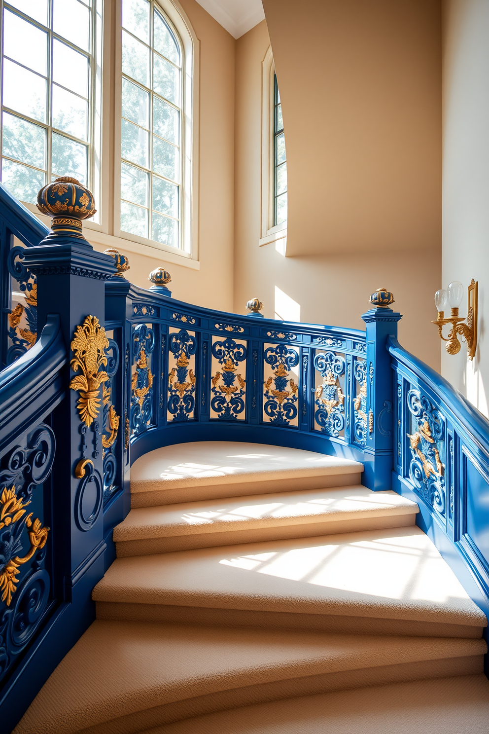 A grand staircase features a royal blue railing adorned with intricate carvings and gold accents. The staircase itself is covered in a soft cream carpet, providing a luxurious contrast to the bold color of the railing. Natural light floods the space through large windows, highlighting the exquisite craftsmanship of the railing. Decorative wall sconces on either side of the staircase add warmth and elegance to the overall design.