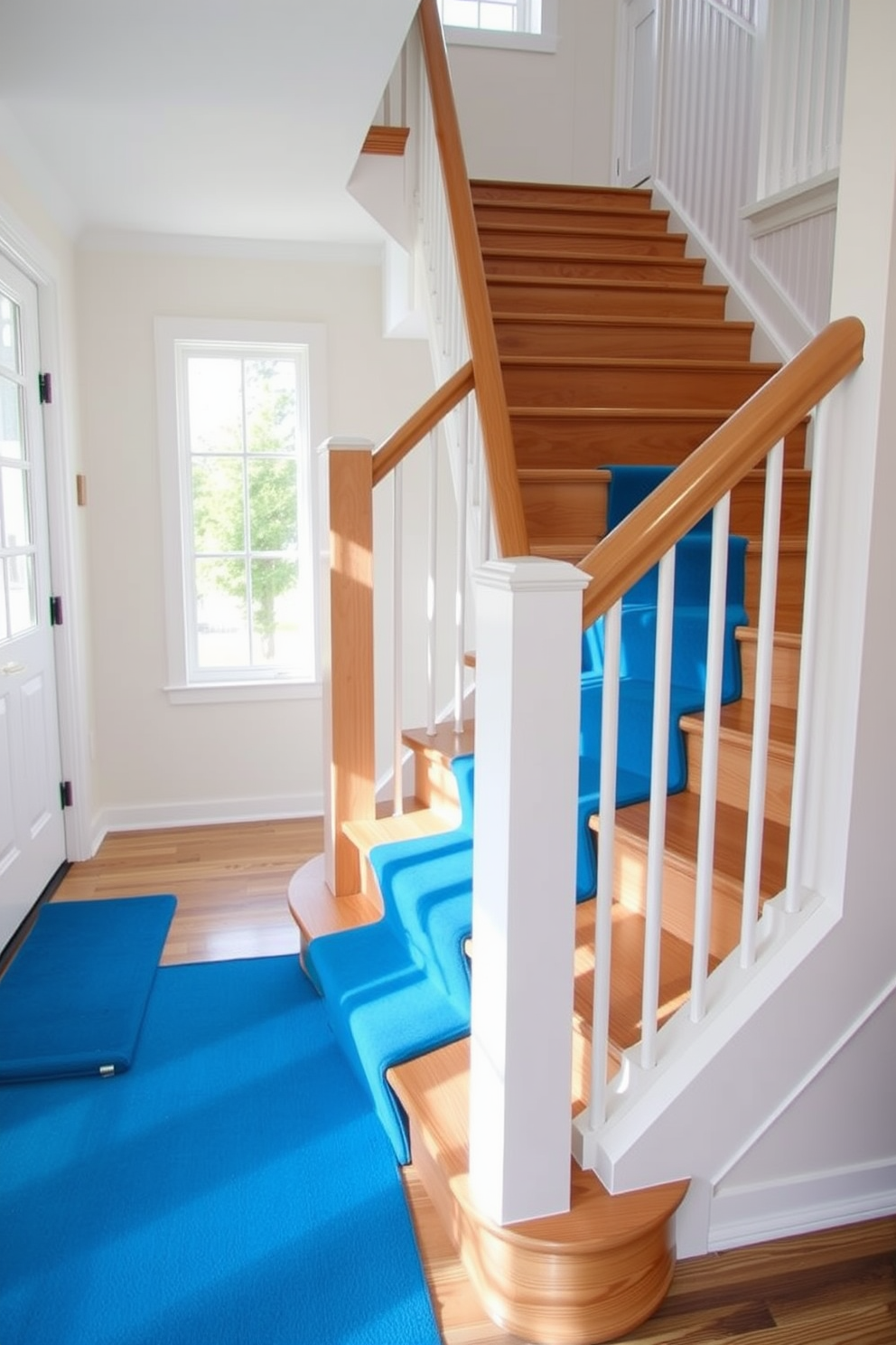 A light wood staircase features a stunning ocean blue runner that adds a vibrant touch to the space. The runner contrasts beautifully with the warm tones of the wood, creating an inviting and stylish entryway. The staircase is adorned with sleek white railings that enhance the modern aesthetic. Natural light filters in from a nearby window, illuminating the blue runner and highlighting the elegant design of the staircase.