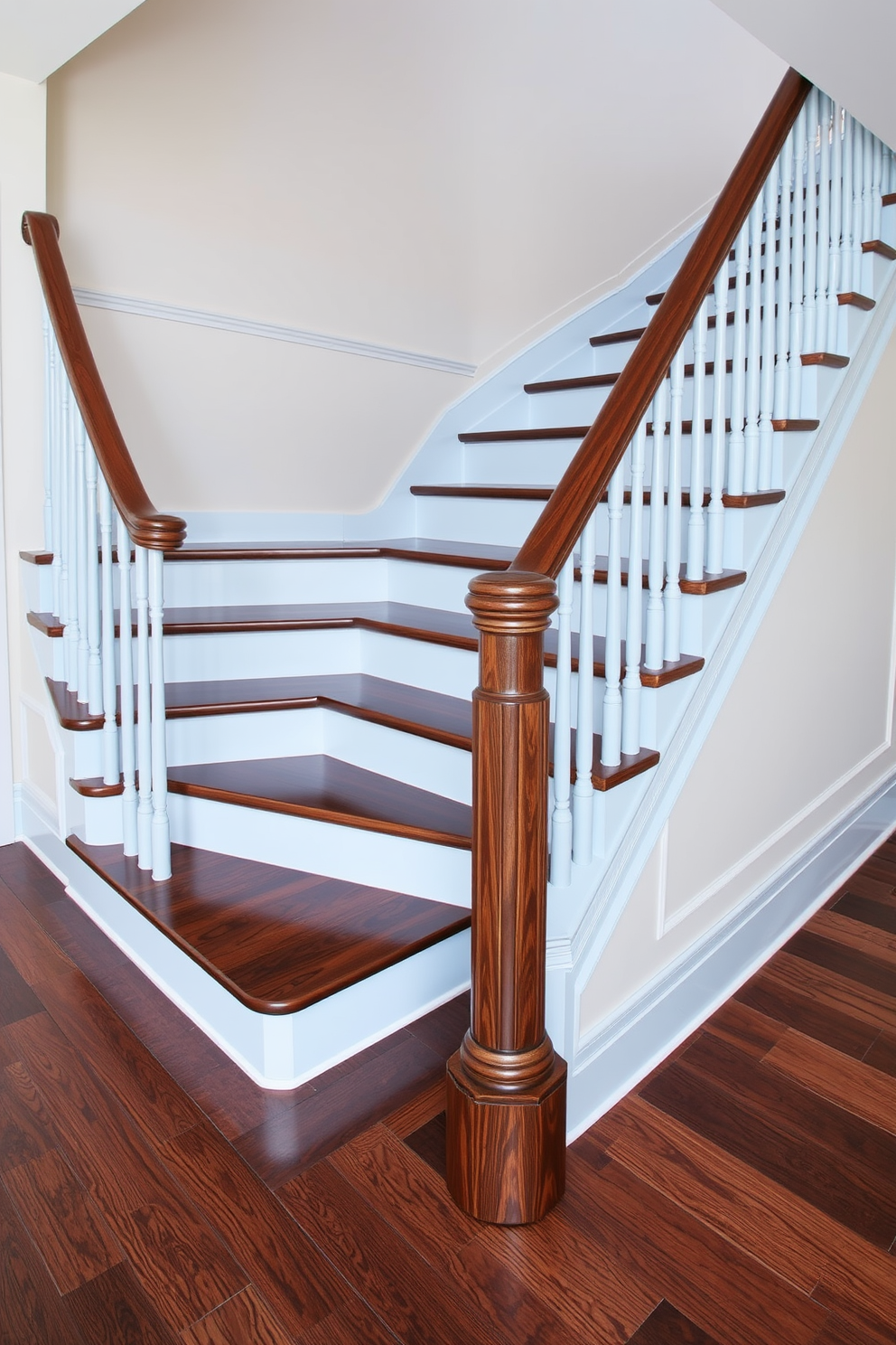 A stunning staircase design featuring pale blue risers that beautifully contrast with rich dark wood treads. The staircase is elegantly curved, creating a sense of movement and sophistication in the space.