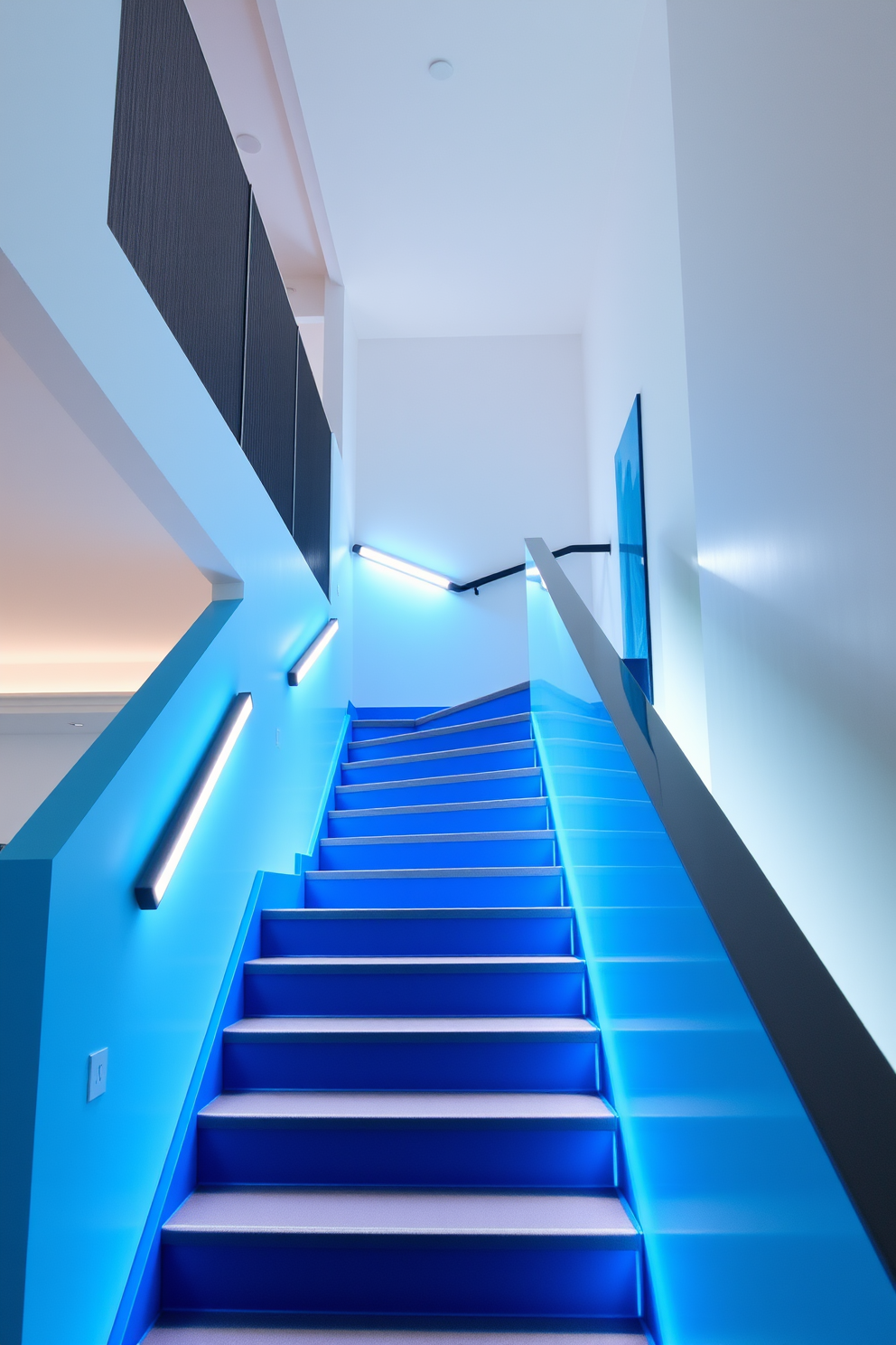 A bright blue staircase leads the way to the upper level, featuring sleek, modern lighting fixtures that illuminate each step. The walls are adorned with minimalist artwork, enhancing the contemporary feel of the space.