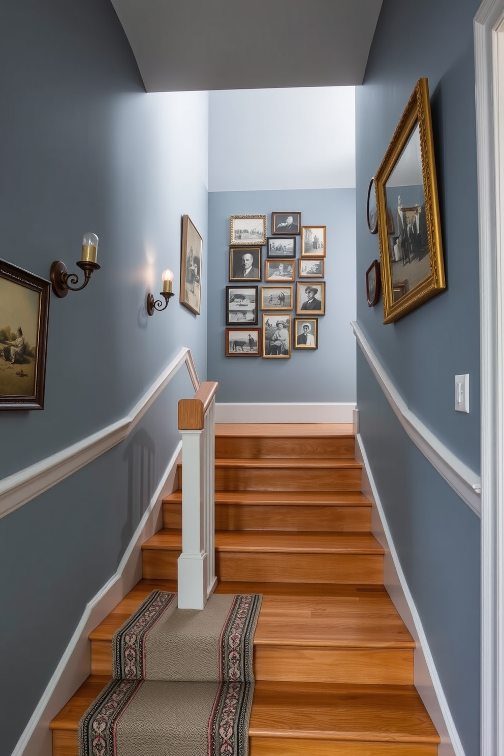 A serene staircase featuring muted blue walls adorned with vintage artwork. The steps are made of polished wood, and a classic runner rug adds warmth and texture. Antique sconces illuminate the space, casting a soft glow on the staircase. A collection of vintage photographs is displayed on the wall, enhancing the nostalgic charm of the area.