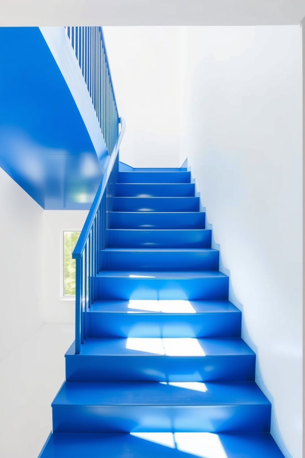 A stunning cerulean blue staircase features sleek, modern lines that create a sense of elegance and sophistication. The surrounding walls are painted in a crisp white, enhancing the vibrant hue of the staircase while allowing natural light to illuminate the space.