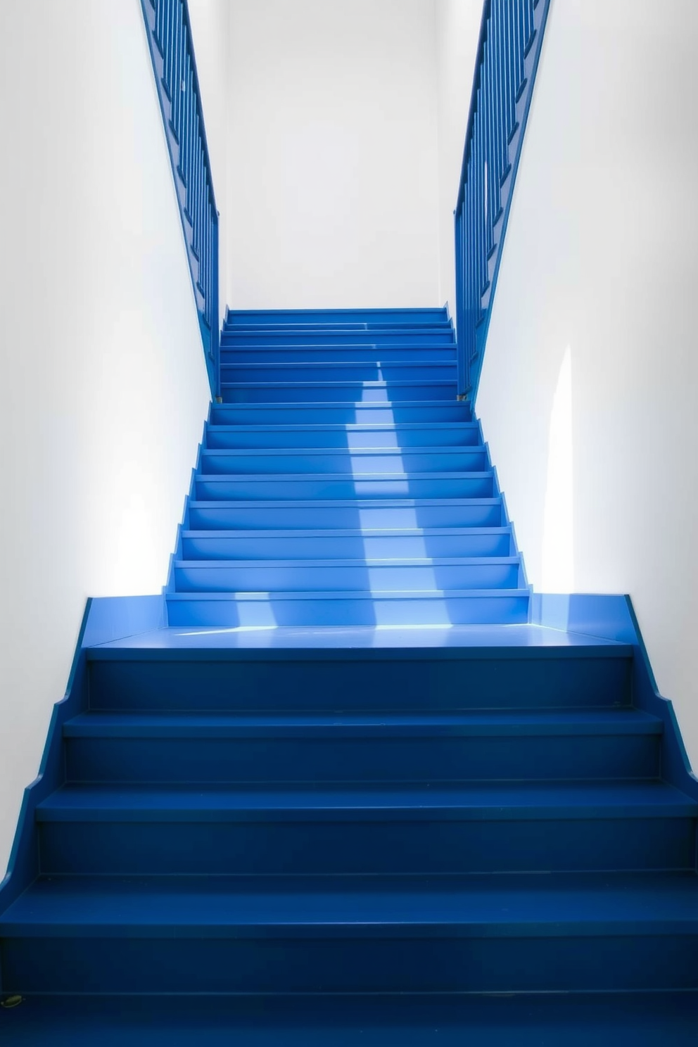 A striking deep blue staircase ascends gracefully against pristine white walls. The bold color of the stairs creates a stunning contrast, enhancing the modern aesthetic of the space.