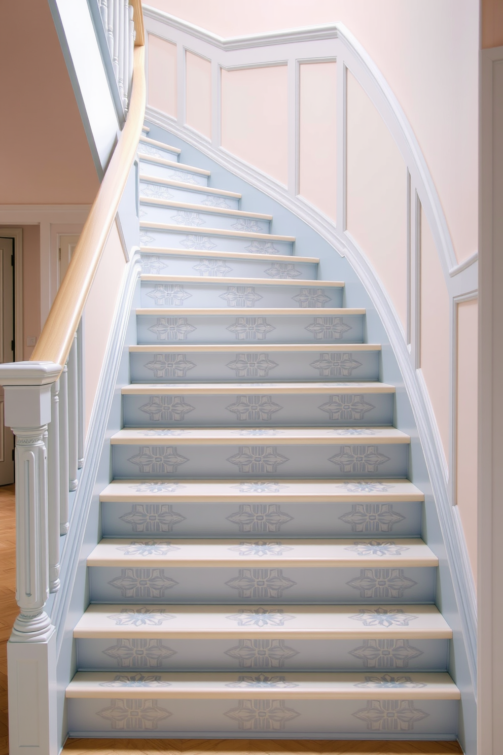 A pastel blue staircase features elegant treads adorned with intricate geometric designs. The soft color palette creates a serene atmosphere, enhancing the overall aesthetic of the home.