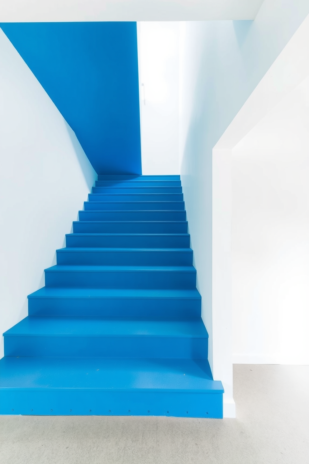 A striking electric blue staircase features a minimalist design that emphasizes clean lines and open spaces. The steps are made of polished concrete, seamlessly blending with the surrounding white walls to create a bold yet elegant statement.