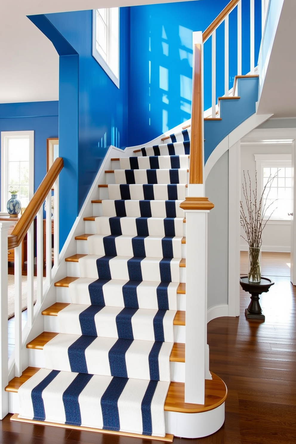 A striking navy and white striped stair runner gracefully adorns a bold blue staircase, creating a stunning visual contrast. The runner adds texture and depth to the space, inviting guests to ascend with style and sophistication. The blue staircase features sleek wooden treads and a crisp white railing, enhancing the modern aesthetic of the home. Natural light pours in from nearby windows, illuminating the vibrant colors and creating an airy, open feel.