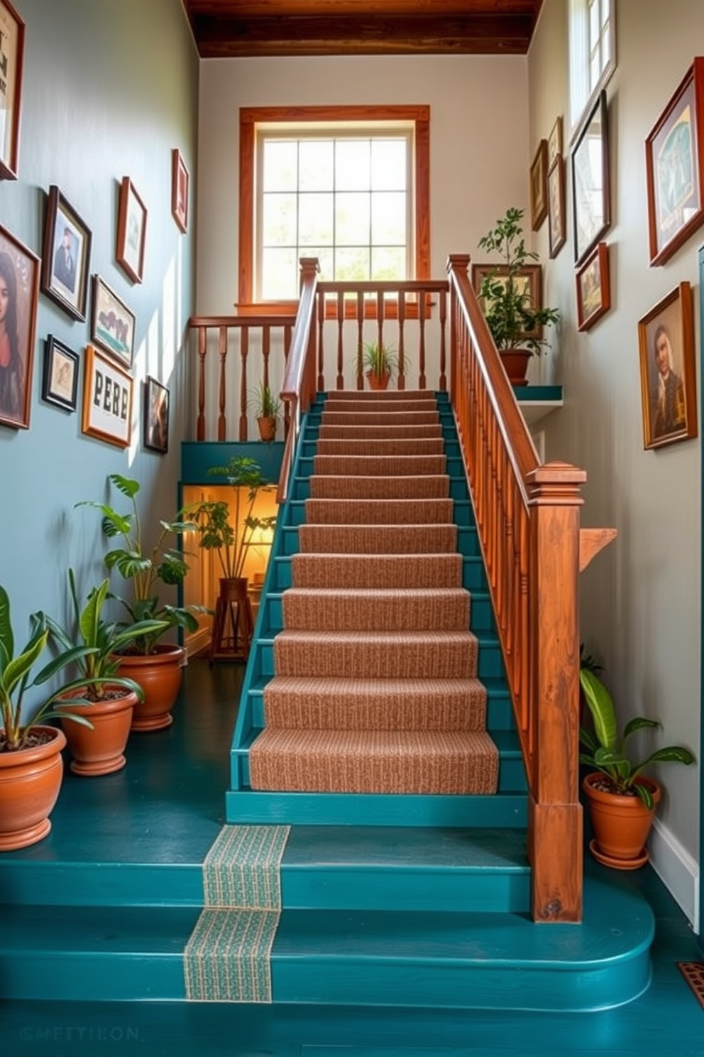 A stunning teal staircase with rustic charm features reclaimed wood railings and a textured runner that adds warmth. The walls are adorned with vintage artwork, and natural light floods the space through a large window, highlighting the rich colors and unique details. The staircase itself is painted in a deep teal, contrasting beautifully with the warm tones of the wood. Surrounding plants in terracotta pots enhance the inviting atmosphere, creating a perfect blend of modern and rustic aesthetics.