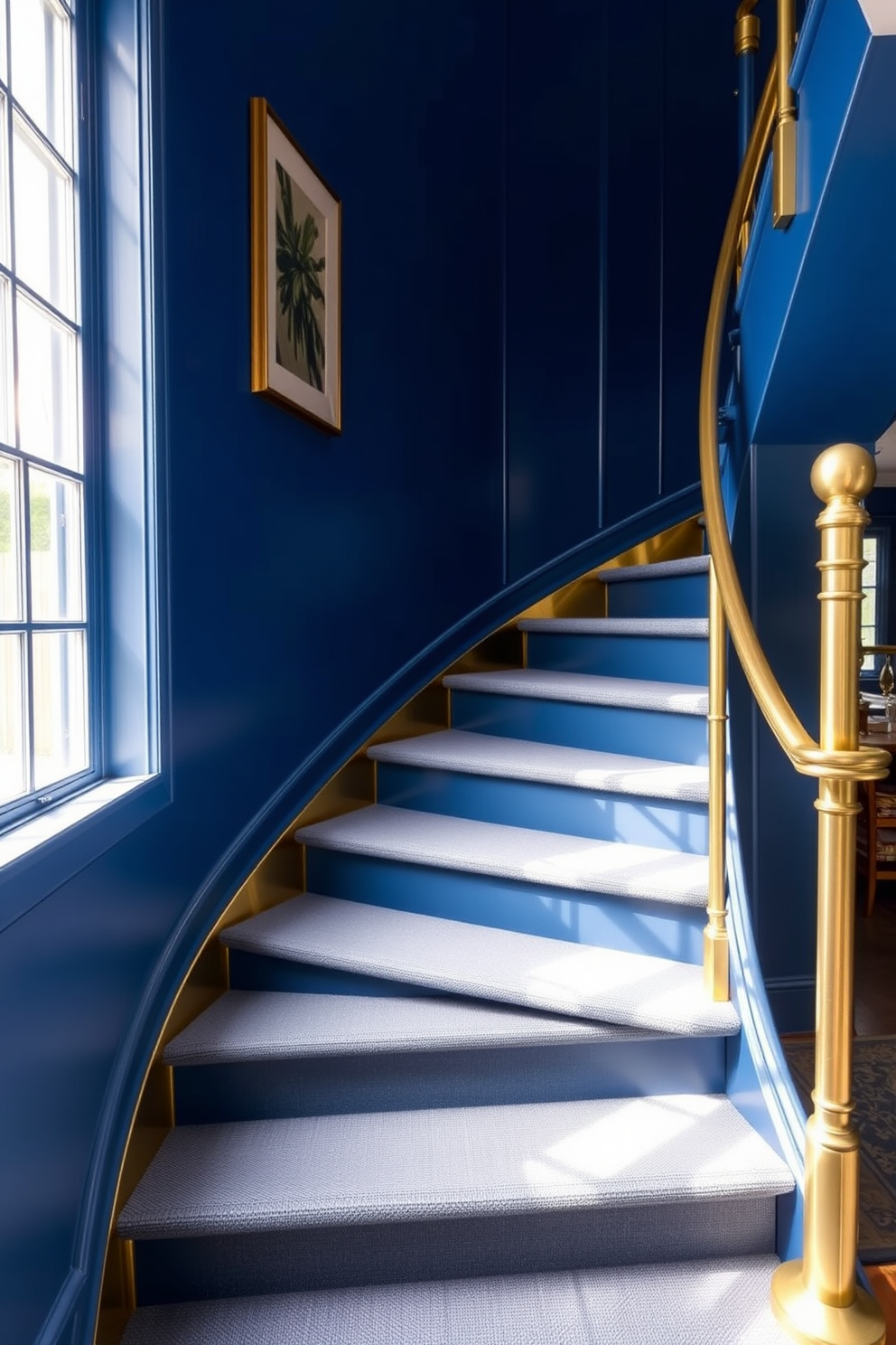 A stunning blue staircase with elegant brass accents creates a striking focal point in the entryway. The deep blue hue of the staircase contrasts beautifully with the warm, polished brass railings, adding a touch of sophistication. The steps are designed with a rich texture, enhancing the visual appeal and inviting guests to ascend. Natural light filters through a nearby window, illuminating the staircase and highlighting the interplay between the blue and brass elements.