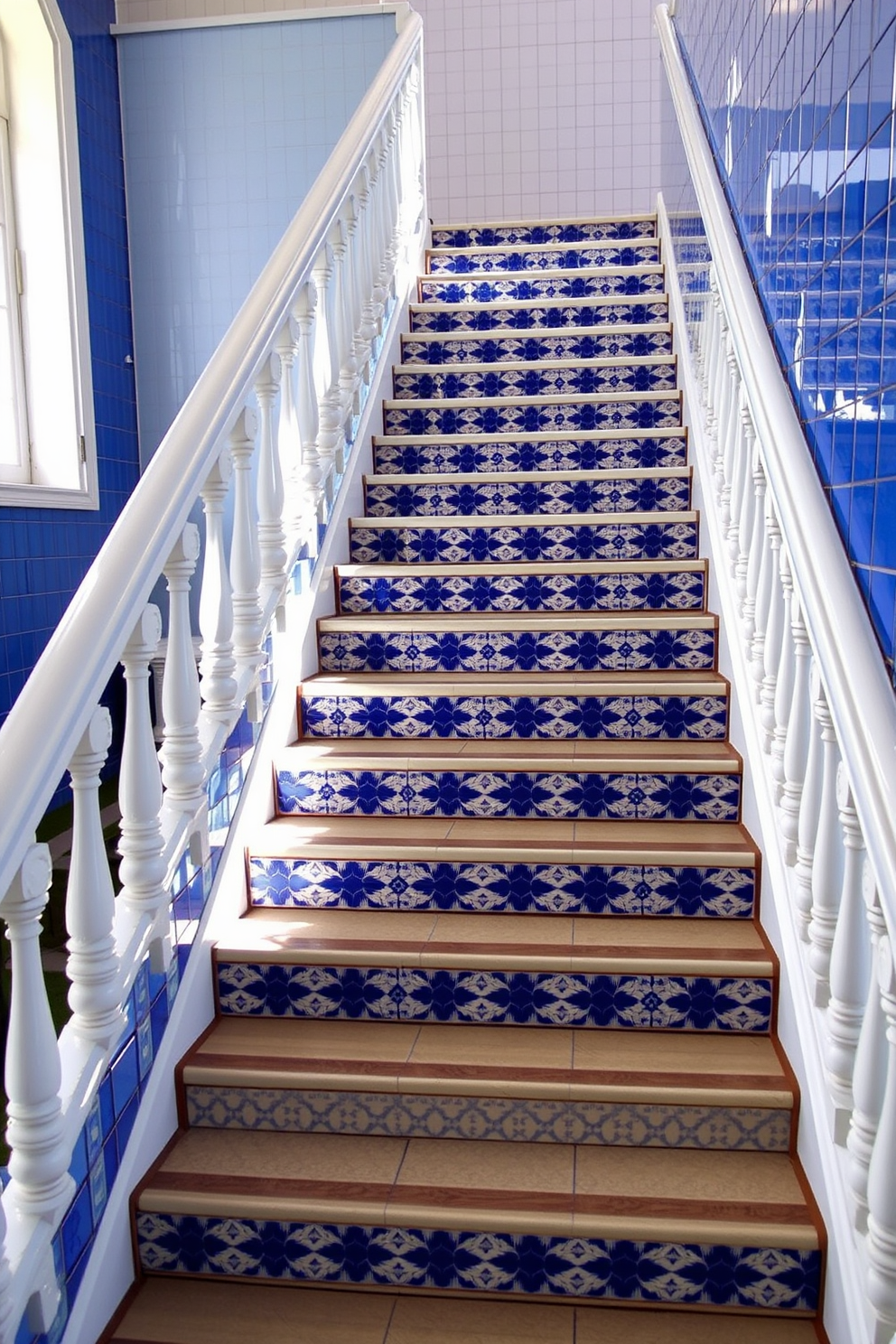 A stunning staircase features blue and white tiles arranged in a beautiful geometric pattern, creating a striking visual impact. The staircase is flanked by elegant white railings that enhance the overall aesthetic of the space. The blue tiles are rich and vibrant, contrasting beautifully with the crispness of the white tiles. Natural light pours in from a nearby window, illuminating the staircase and highlighting the intricate tile work.