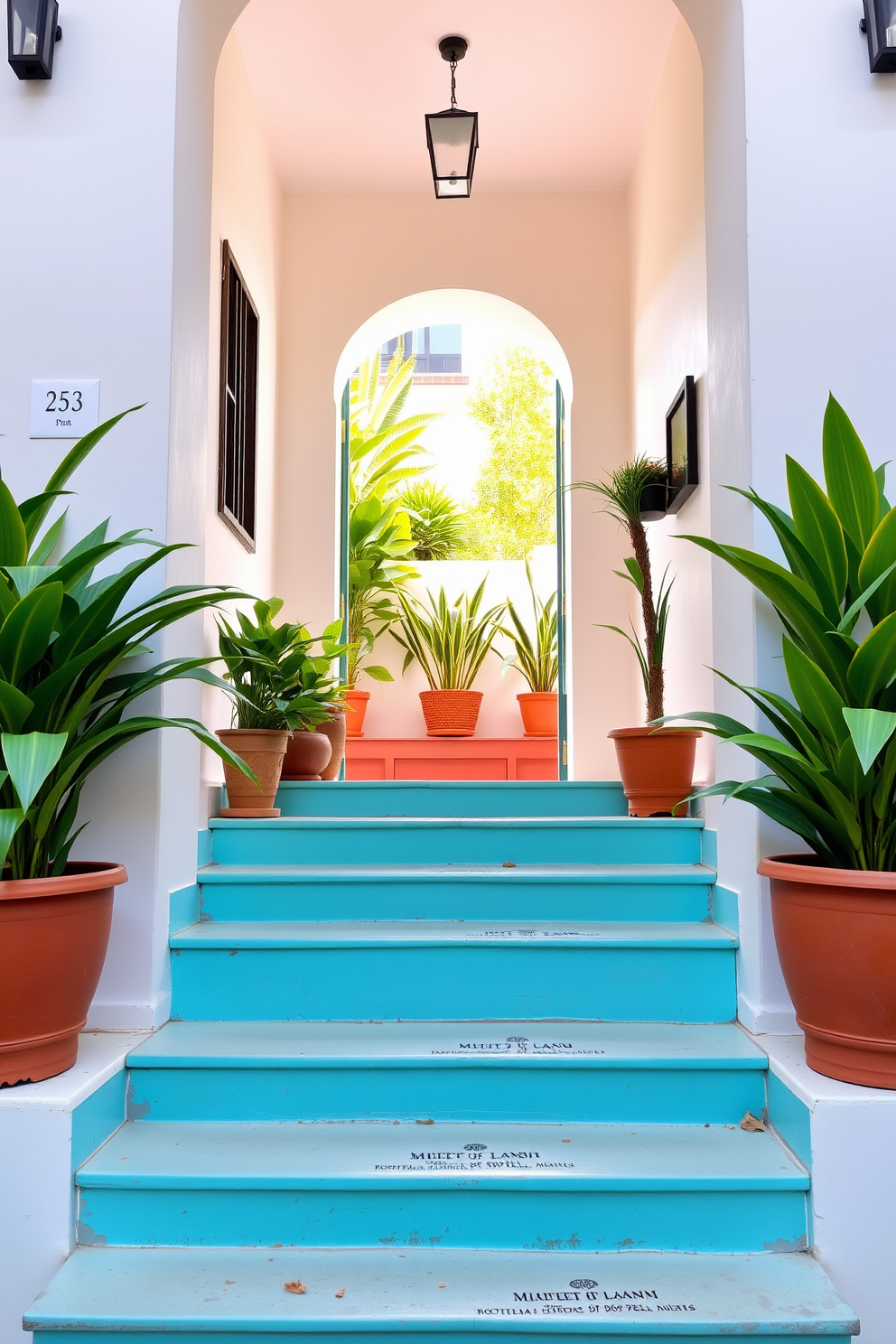 Bright turquoise steps lead up to a stunning entryway. Lush potted plants in varying heights are placed strategically on each side, creating a vibrant and inviting atmosphere.