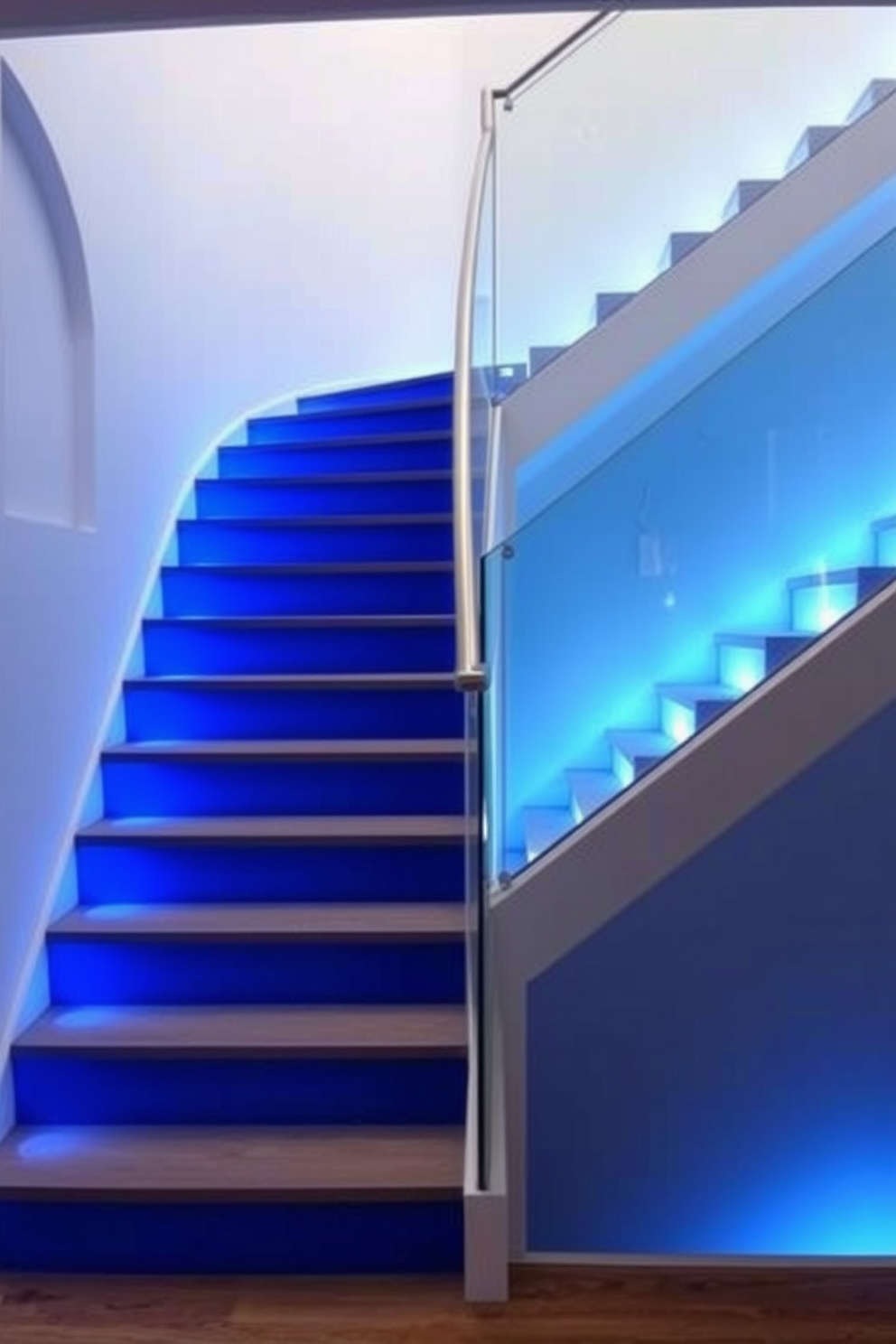 A stunning blue gradient staircase serves as a bold statement piece in the entryway. The staircase features a seamless blend of varying shades of blue, creating a visually striking effect that draws the eye upward. The handrail is made of sleek glass, complementing the modern aesthetic of the design. Soft LED lighting is integrated along the steps, enhancing the staircase's dramatic appeal while providing safety and ambiance.