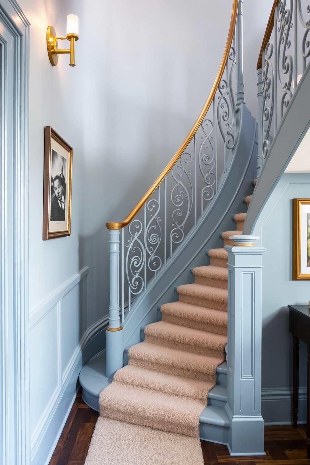 A dusty blue staircase elegantly ascends with intricately designed railings that feature a polished brass finish. Soft lighting fixtures are strategically placed to highlight the staircase's curves and enhance the tranquil ambiance of the space. The walls adjacent to the staircase are adorned with framed artwork that complements the blue tones. A plush runner in a neutral shade adds warmth and comfort underfoot while guiding guests upwards.