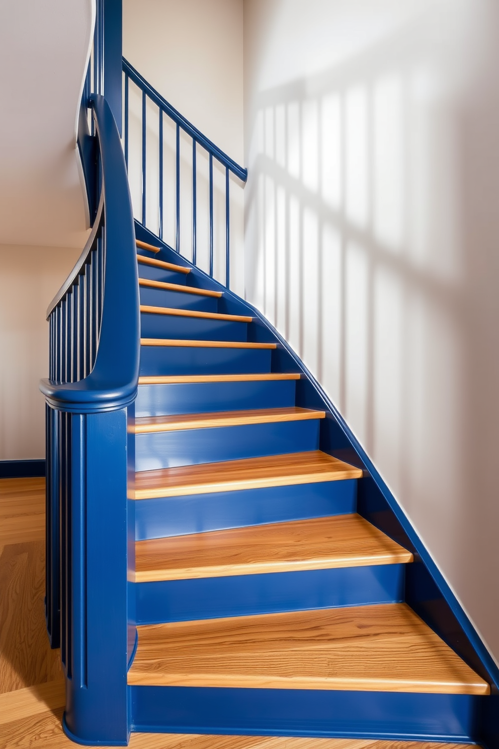 A striking staircase featuring an indigo blue railing that beautifully contrasts with warm wooden steps. The design emphasizes a modern aesthetic while maintaining a cozy and inviting atmosphere.