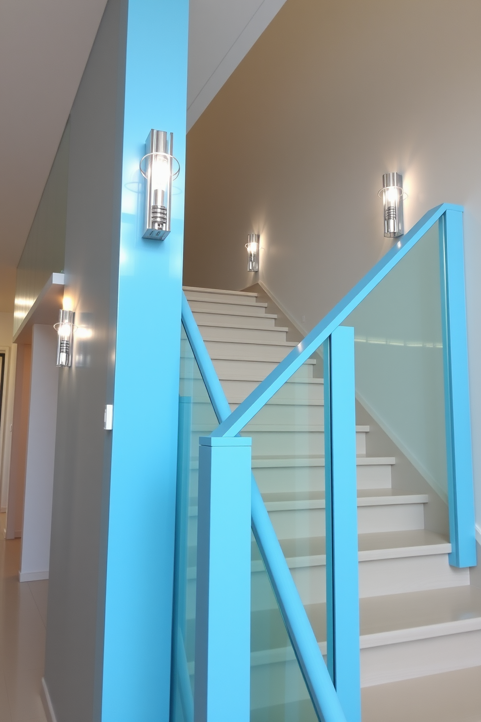 A stunning staircase features a sky blue railing complemented by sleek glass panels that create an airy and modern feel. The staircase is adorned with elegant lighting fixtures that illuminate the steps, enhancing the overall aesthetic of the space.