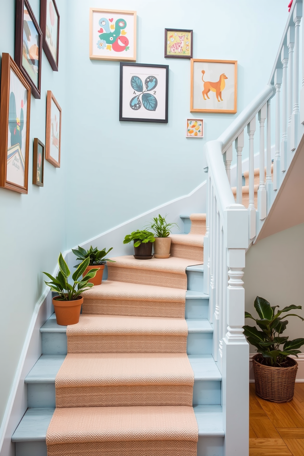 A light blue staircase features whimsical decor elements that create a cheerful atmosphere. The walls are adorned with framed artwork and colorful prints that enhance the playful vibe. The staircase itself is complemented by a soft runner rug in a contrasting pattern, adding warmth and texture. Decorative plants in stylish pots are placed strategically along the steps to bring a touch of nature indoors.