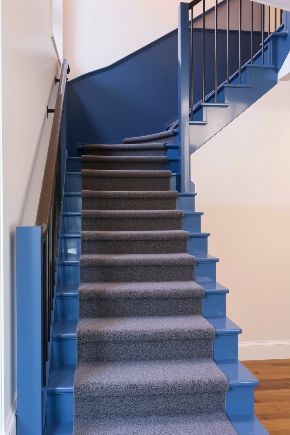 A stunning staircase design featuring a two-tone color scheme of deep blue and soft gray. The staircase has a sleek modern railing, and the steps are adorned with a plush gray carpet runner that contrasts beautifully with the blue risers.