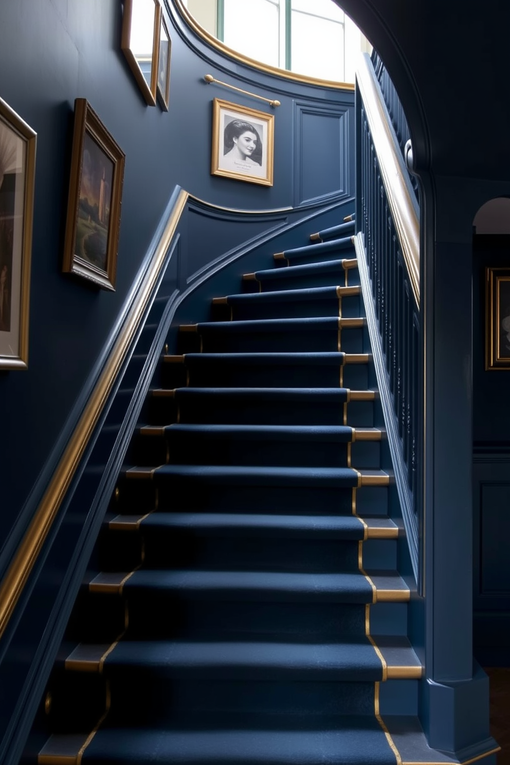 A striking dark blue staircase features elegant gold trim along the edges, creating a luxurious contrast. The walls are adorned with tasteful artwork, and soft lighting highlights the staircase's curves and details.