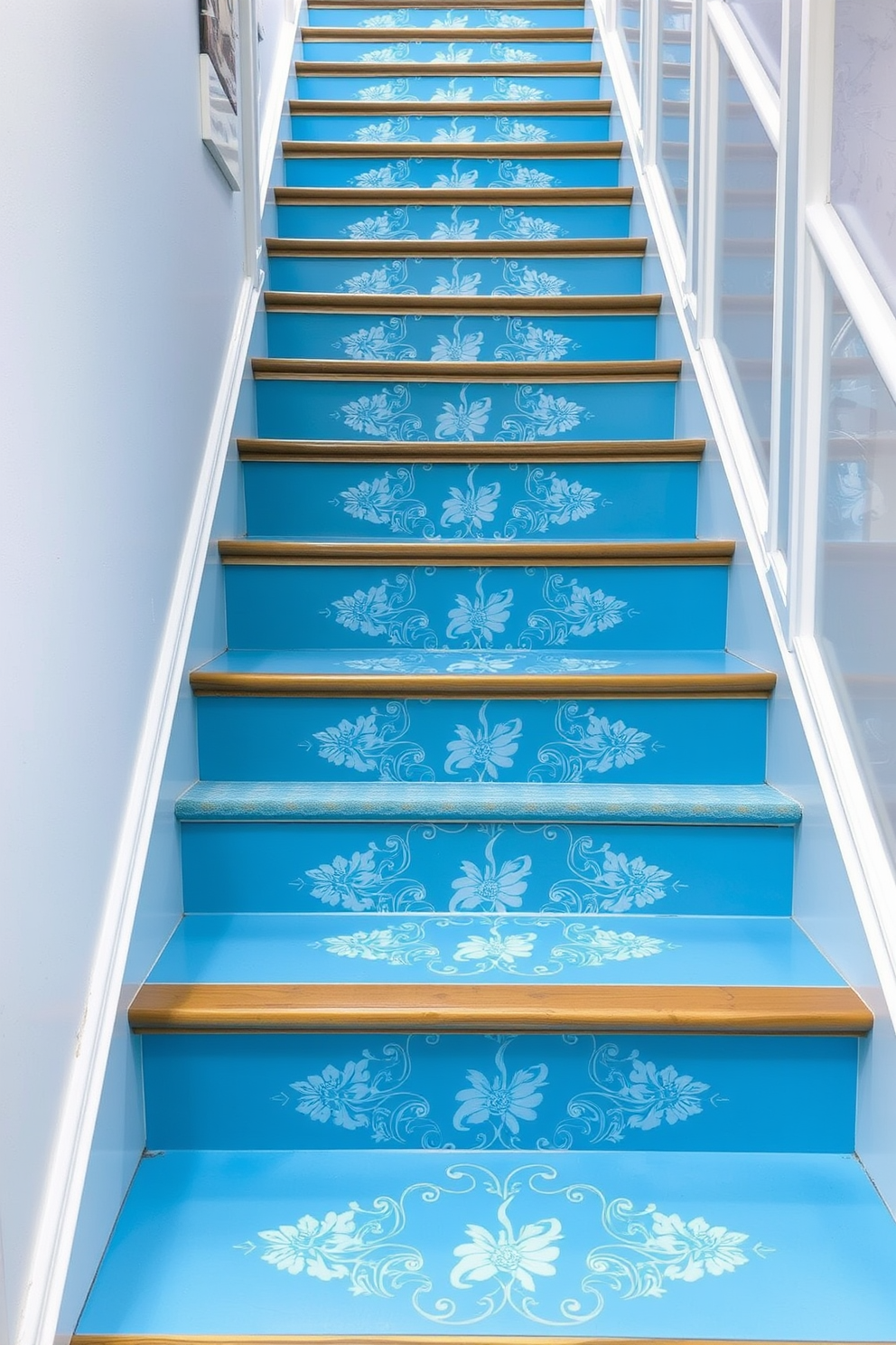 A beautiful staircase featuring soft blue treads adorned with delicate floral patterns. The surrounding walls are painted in a crisp white, enhancing the elegance of the blue tones.