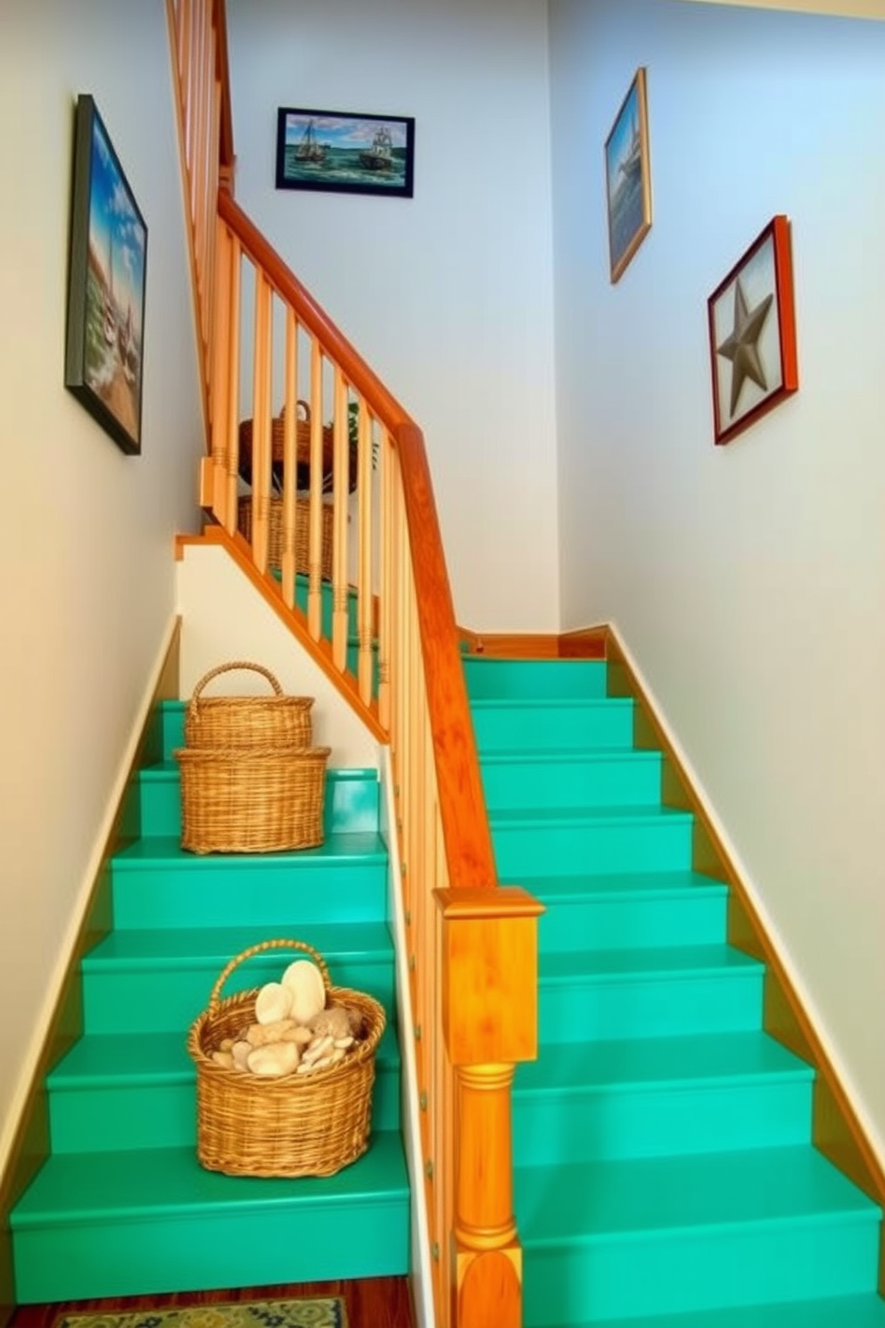 A stunning turquoise staircase adorned with coastal decor. The walls are painted in a soft white, and nautical-themed artwork hangs alongside the staircase, creating a vibrant and inviting atmosphere. The staircase features a natural wood railing that complements the bright color of the steps. Woven baskets filled with seashells and beach-inspired accents are placed on each landing, enhancing the coastal charm.