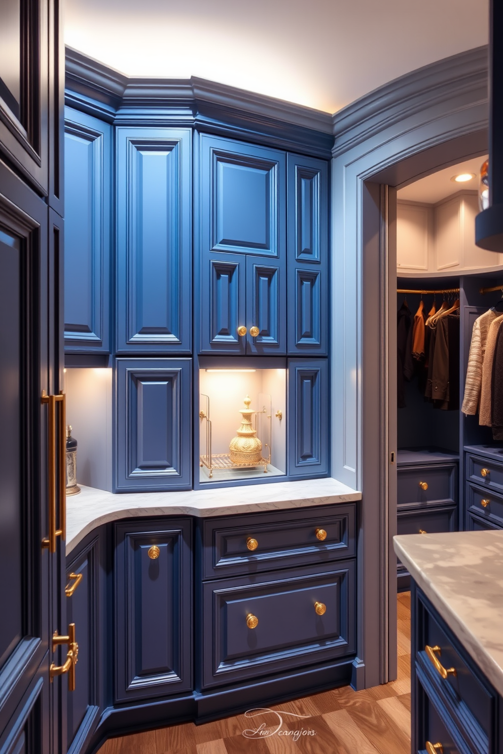 Elegant blue cabinetry with gold accents creates a stunning focal point in a luxurious kitchen. The cabinets feature intricate molding and are complemented by gold hardware, enhancing the overall sophistication of the space. The blue walk-in closet design showcases ample storage with custom shelving and hanging spaces. Soft lighting illuminates the area, highlighting the elegant finishes and providing a serene atmosphere for organizing personal belongings.