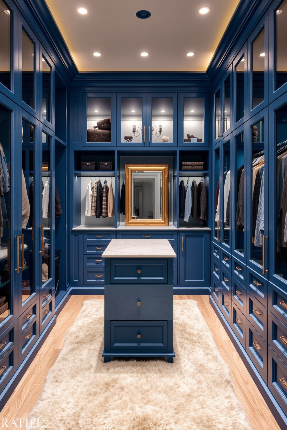 A luxurious walk-in closet features custom blue cabinetry with elegant glass doors that showcase neatly organized clothing and accessories. Soft ambient lighting highlights the rich blue tones, creating a serene and sophisticated atmosphere. The spacious layout includes a central island with additional storage, topped with a sleek marble surface. A plush area rug adds warmth, while a full-length mirror enhances the sense of openness in this stylish retreat.