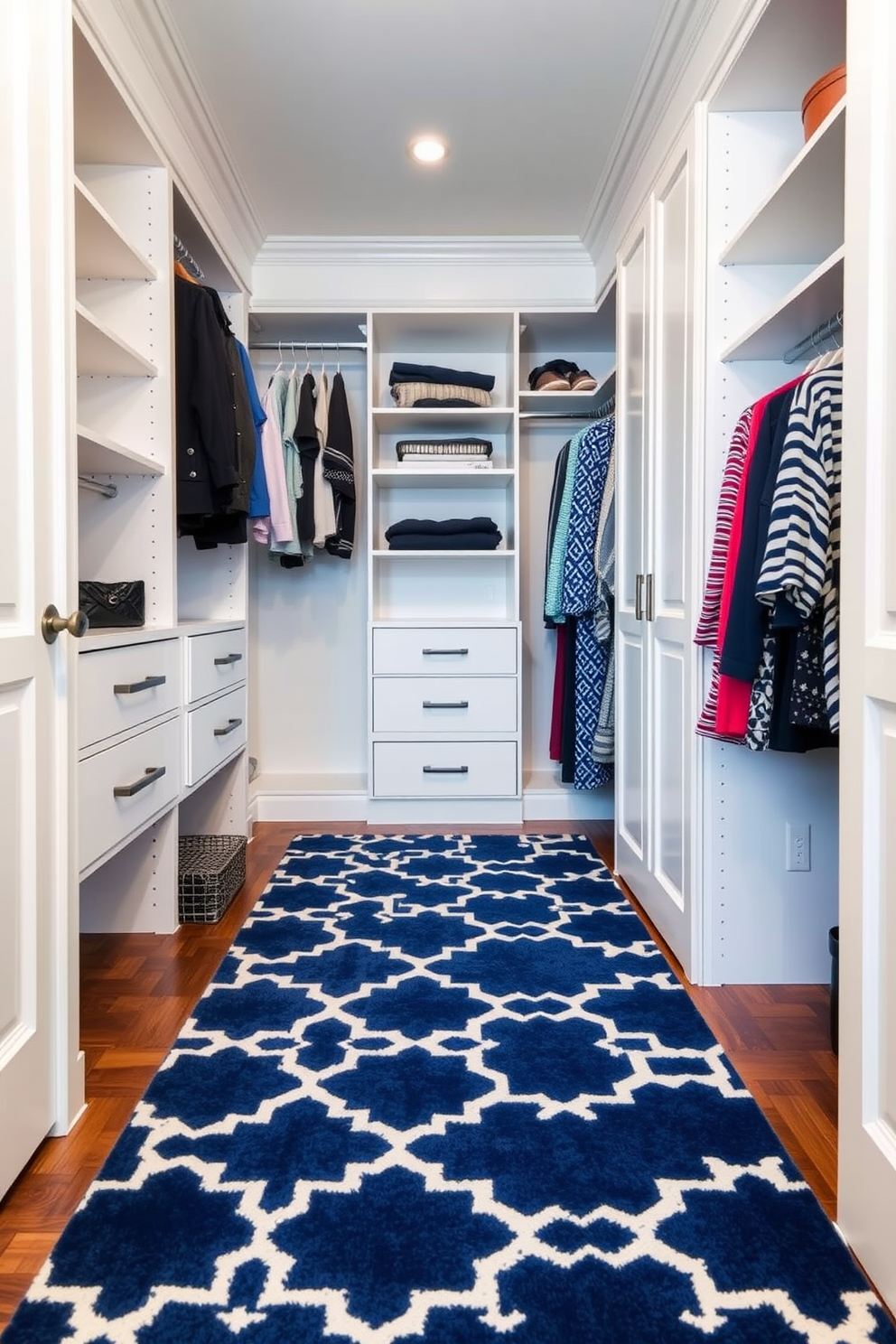 A spacious walk-in closet featuring a blue and white geometric patterned rug that adds a modern touch to the space. The closet is designed with custom shelving and hanging rods, providing ample storage for clothing and accessories.