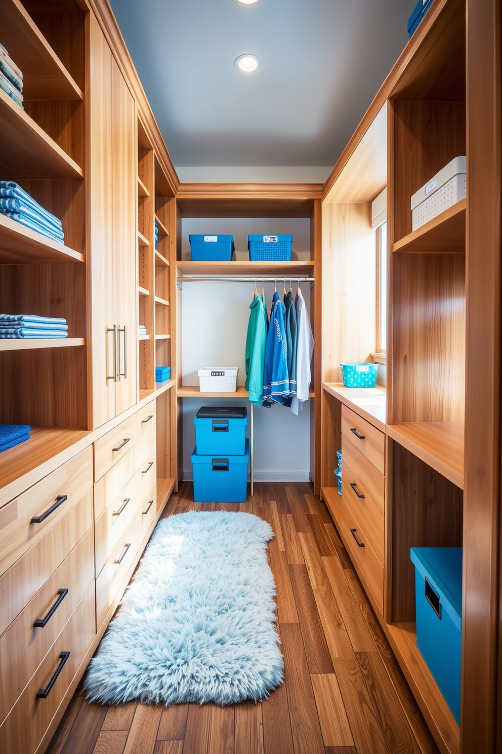 A bright and airy walk-in closet featuring natural wood shelving and cabinetry. The space is enhanced with bright blue accents, including a plush area rug and decorative storage boxes.