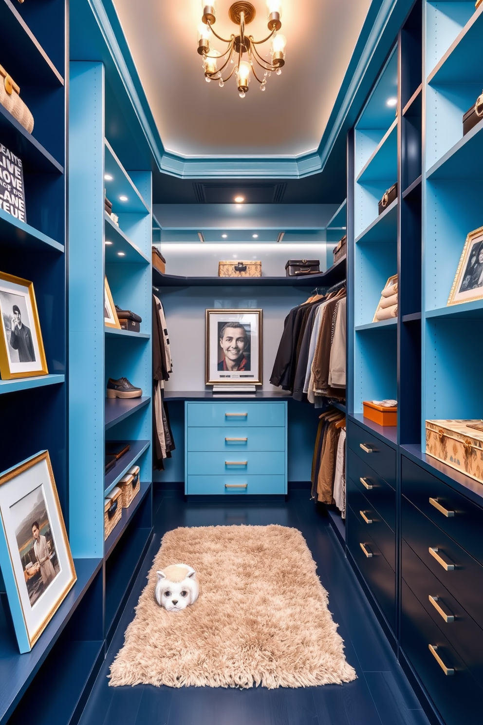 A dual-tone blue closet features a rich navy base complemented by lighter sky blue shelves that create a striking contrast. The spacious walk-in design includes ample storage for clothing and accessories, with elegant lighting that enhances the color scheme. The closet is organized with a mix of open shelving and closed cabinetry to maintain a tidy appearance. A plush area rug in a neutral tone adds warmth to the space, while decorative elements like framed artwork and stylish storage boxes personalize the design.