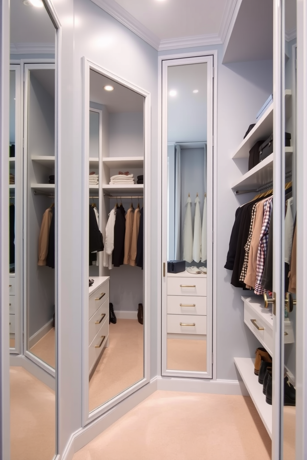 A serene walk-in closet featuring pastel blue walls adorned with mirrored panels that reflect light and create an airy atmosphere. The space is organized with elegant shelving and hanging options, providing ample storage for clothing and accessories.