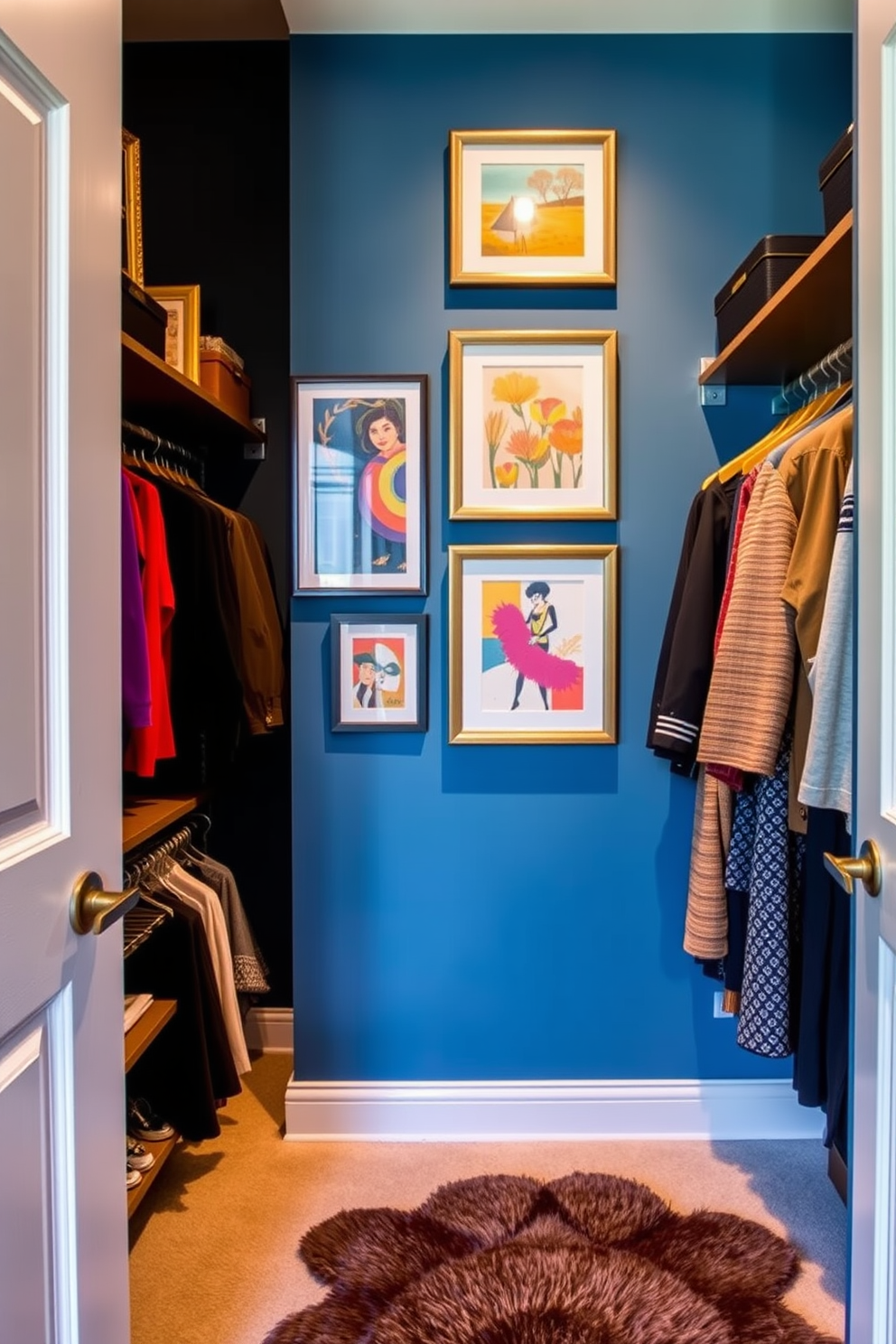 A striking blue accent wall serves as the focal point of the room, adorned with a curated display of vibrant artwork that adds personality and flair. The artwork features a mix of abstract pieces and framed photographs, creating a visually stimulating gallery effect. The walk-in closet boasts an organized layout with custom shelving and elegant hanging racks, designed to maximize space and functionality. Soft lighting highlights the rich textures of the clothing and accessories, while a plush area rug adds a touch of comfort underfoot.