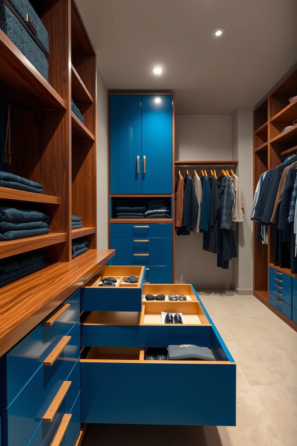 A spacious walk-in closet featuring functional blue pull-out drawers for convenience. The drawers are organized neatly, providing ample storage for clothing and accessories while maintaining a sleek and modern aesthetic. The closet is designed with rich wooden shelving and hanging rods that complement the blue drawers. Soft, ambient lighting enhances the space, creating an inviting atmosphere for selecting outfits.